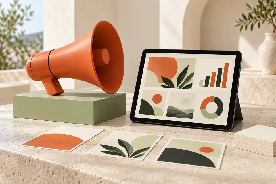 Megafon portocaliu și tabletă cu materiale pentru campanii de publicitate