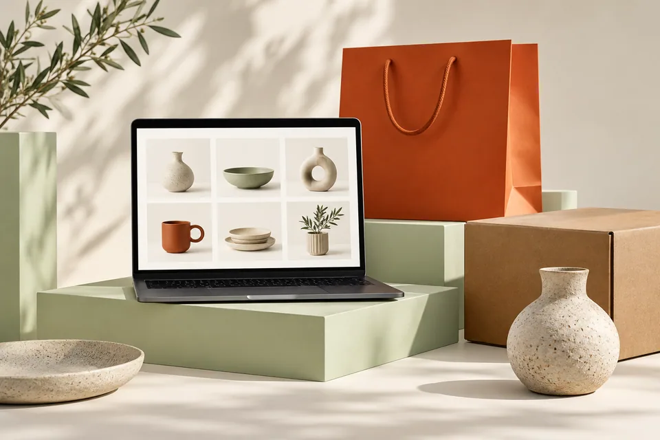 Magazin online cu produse ceramice, ambalaje și o sacoșă portocalie